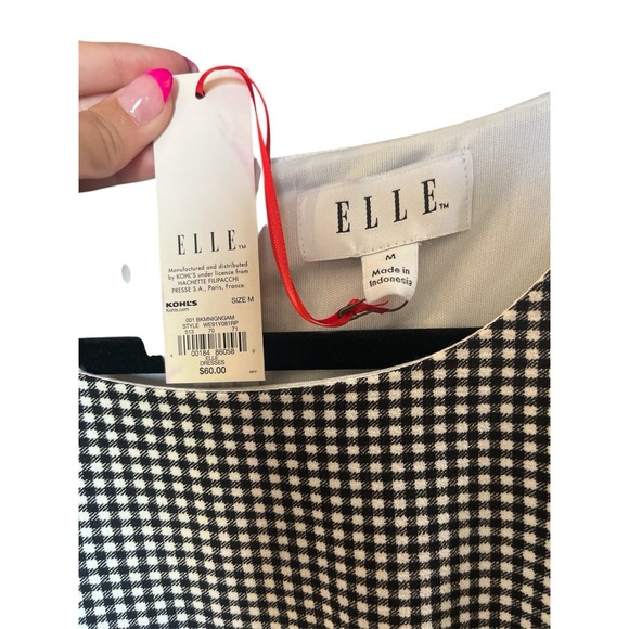 ELLE‎ Women's Medium Sleeveless BLACK & WHITE GINGHAM DRESS with SASH BELT, New - Picture 5 of 5